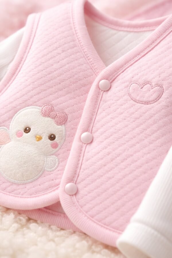 Kız Bebek Civciv Nakışlı Çıtçıt Kapamalı Kapitone Yelek Pembe Renkli ve Rahat - Gorsel 3