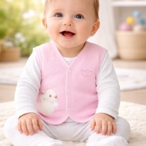 Kız Bebek Civciv Nakışlı Çıtçıt Kapamalı Kapitone Yelek Pembe Renkli ve Rahat
