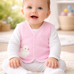 Kız Bebek Civciv Nakışlı Çıtçıt Kapamalı Kapitone Yelek, Bebek Yelekleri, Pembe renk ve Nakış Detaylı