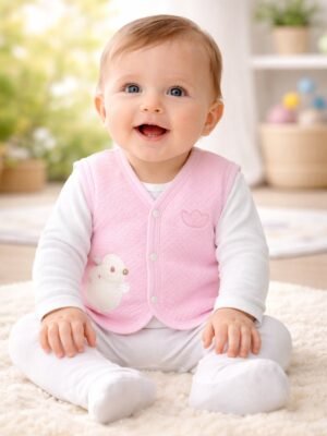 Kız Bebek Civciv Nakışlı Çıtçıt Kapamalı Kapitone Yelek Pembe Renkli ve Rahat