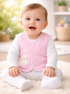 Kız Bebek Civciv Nakışlı Çıtçıt Kapamalı Kapitone Yelek, Bebek Yelekleri, Pembe renk ve Nakış Detaylı