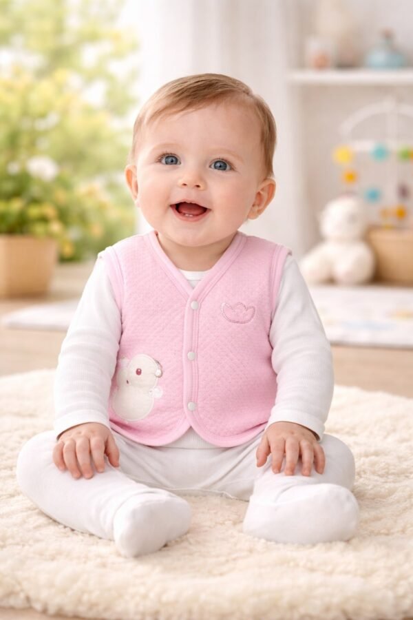 Kız Bebek Civciv Nakışlı Çıtçıt Kapamalı Kapitone Yelek Pembe Renkli ve Rahat - Gorsel 2