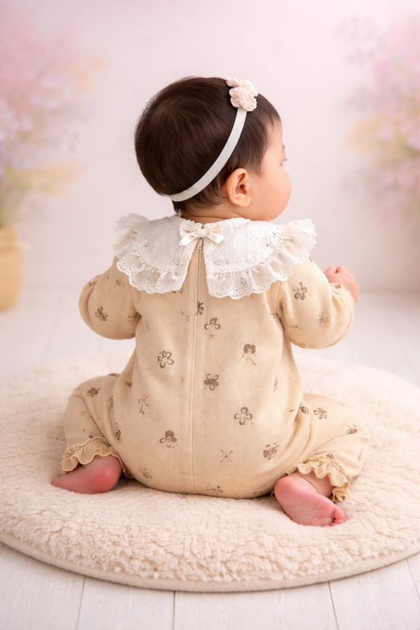 Kız Bebek Dantelli Uzun Kollu Tulum Kahverengi Desenli 3-12 Ay - Bebek Giyim - Gorsel 4