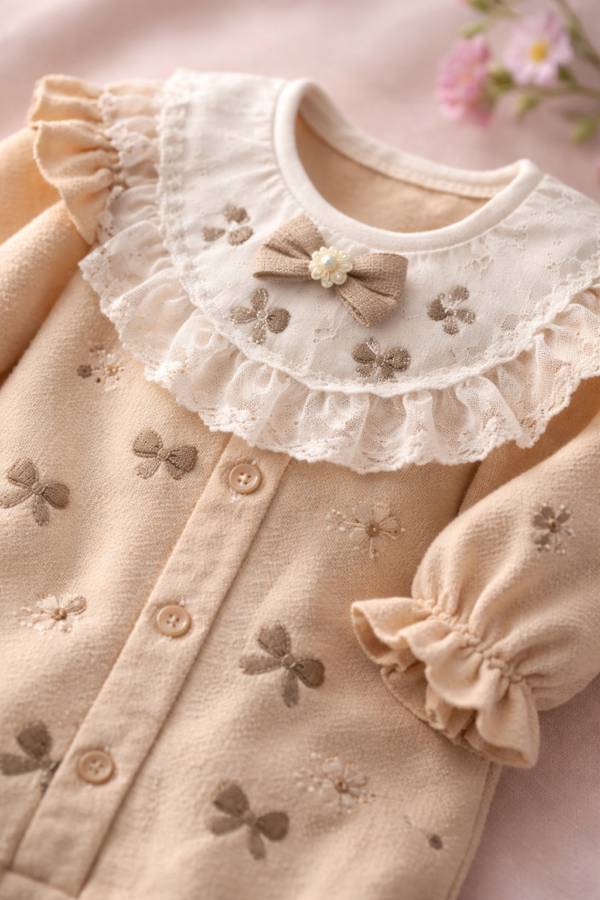 Kız Bebek Dantelli Uzun Kollu Tulum Kahverengi Desenli 3-12 Ay - Bebek Giyim - Gorsel 3