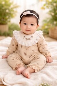 Kız Bebek Dantelli Tulum | Kahverengi | 3 - 12 Ay | Desenli | Uzun Kollu