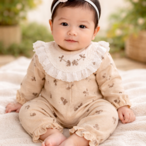 Kız Bebek Dantelli Uzun Kollu Tulum Kahverengi Desenli 3-12 Ay - Bebek Giyim