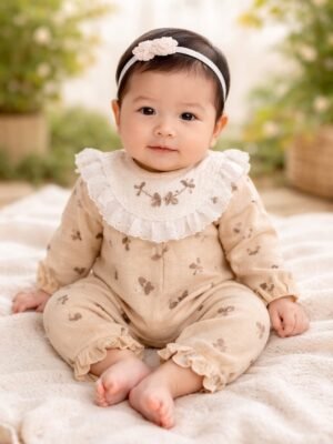 Kız Bebek Dantelli Uzun Kollu Tulum Kahverengi Desenli 3-12 Ay - Bebek Giyim