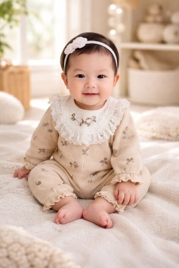 Kız Bebek Dantelli Uzun Kollu Tulum Kahverengi Desenli 3-12 Ay - Bebek Giyim - Gorsel 2