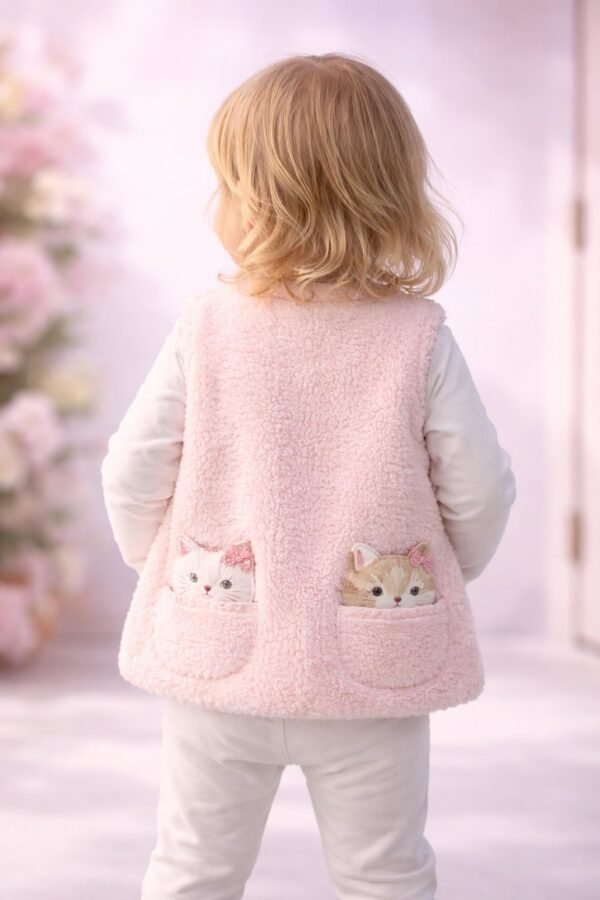 Kız Bebek Düğmeli Cep Peluş Yelek, Bebek Giyim, Kışlık Peluş Yelek, Pudra Renk - Gorsel 4