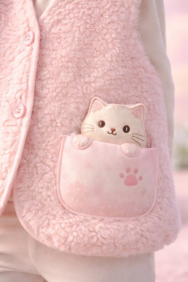 Kız Bebek Düğmeli Cep Peluş Yelek, Bebek Giyim, Kışlık Peluş Yelek, Pudra Renk - Gorsel 3