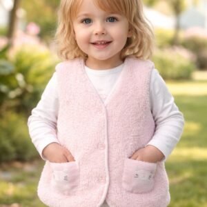 Kız Bebek Düğmeli Cep Peluş Yelek, Bebek Giyim, Kışlık Peluş Yelek, Pudra Renk