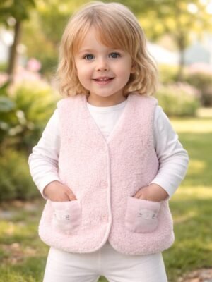 Kız Bebek Düğmeli Cep Peluş Yelek, Bebek Giyim, Kışlık Peluş Yelek, Pudra Renk