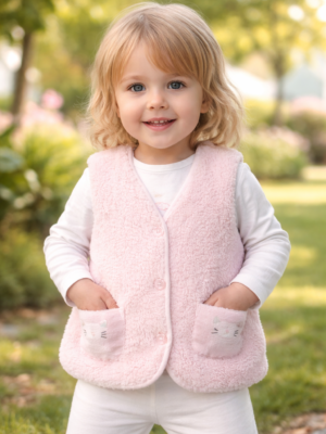 Kız Bebek Düğmeli Cep Peluş Yelek, Bebek Giyim, Kışlık Peluş Yelek, Pudra Renk