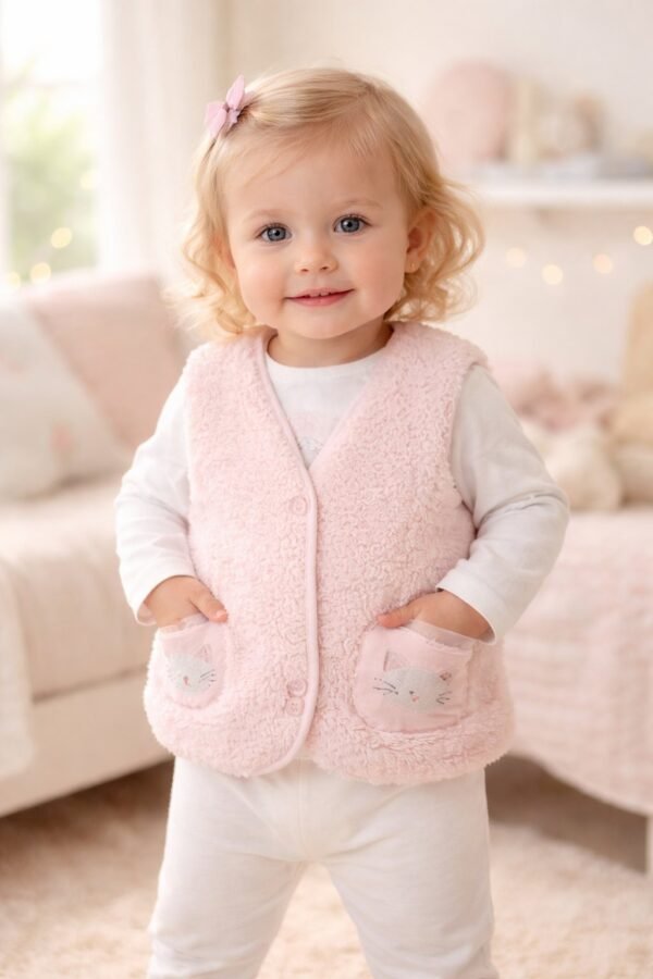Kız Bebek Düğmeli Cep Peluş Yelek, Bebek Giyim, Kışlık Peluş Yelek, Pudra Renk - Gorsel 2