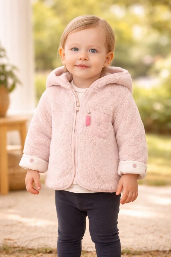 Kız Bebek Fermaralı Kapşonlu Peluş Mont, açık pembe, rahat ve şık - Gorsel 2