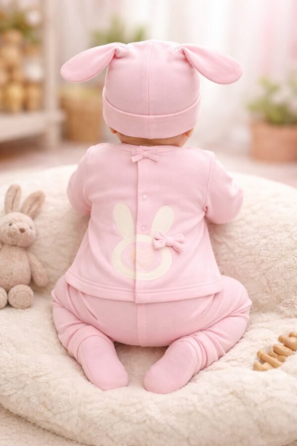 Kız Bebek Fiyonk Detaylı Tavşanlı Zıbın Takımı, rahat ve kullanışlı, pembe renk - Gorsel 4