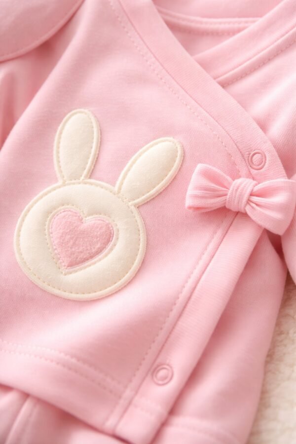 Kız Bebek Fiyonk Detaylı Tavşanlı Zıbın Takımı, rahat ve kullanışlı, pembe renk - Gorsel 3