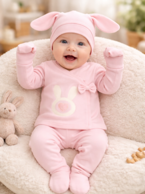 Kız Bebek Tavşan Detaylı Zıbın Takımı, Kız Bebek Giyim, Pembe Renkli ve Rahat Tasarım