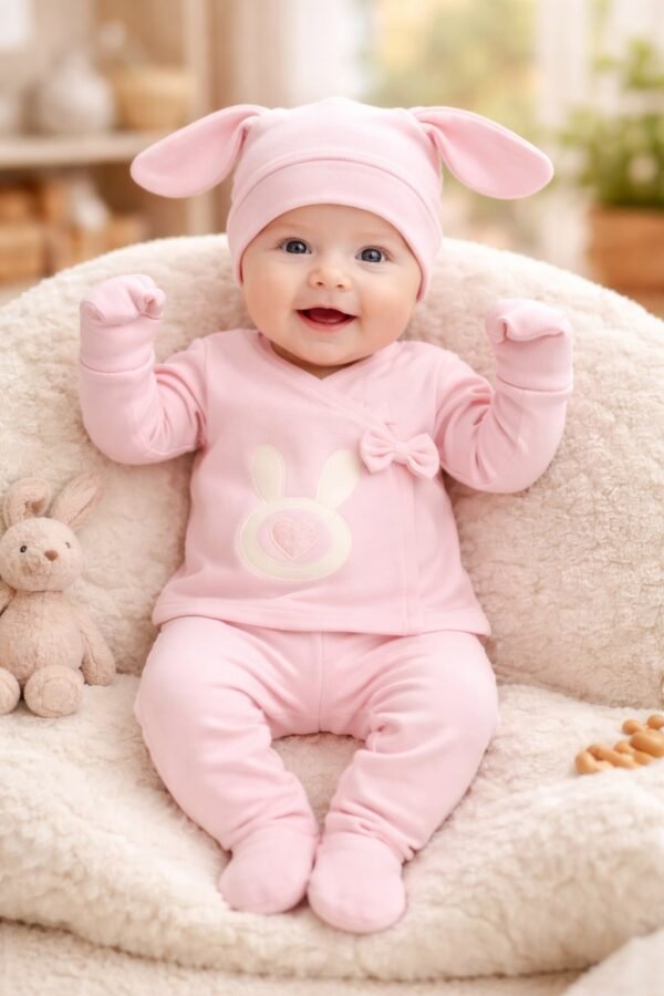 Kız Bebek Fiyonk Detaylı Tavşanlı Zıbın Takımı, rahat ve kullanışlı, pembe renk - Gorsel 2