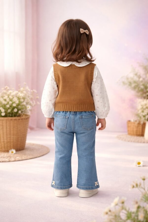 Kız Bebek Fiyonk Detaylı Triko Süveter Çiçekli Gömlek Kot Takım, Bebek kız giyim, rahat ve şık tasarım - Gorsel 4