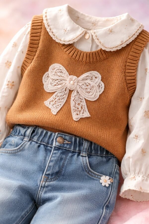 Kız Bebek Fiyonk Detaylı Triko Süveter Çiçekli Gömlek Kot Takım, Bebek kız giyim, rahat ve şık tasarım - Gorsel 3