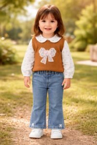 Kız Bebek Fiyonk Detaylı -triko Süveter- Çiçekli Gömlek- Kot Pantolon Takım