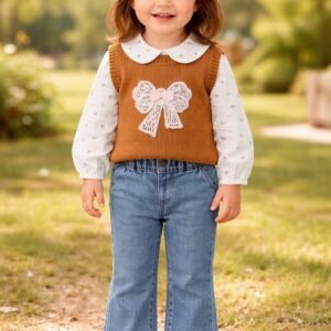 Kız Bebek Fiyonk Detaylı Triko Süveter Çiçekli Gömlek Kot Takım