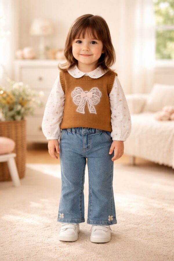 Kız Bebek Fiyonk Detaylı Triko Süveter Çiçekli Gömlek Kot Takım, Bebek kız giyim, rahat ve şık tasarım - Gorsel 2