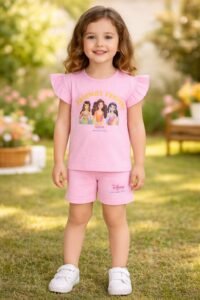 Kız Bebek Friends Forever Yazılı Prenses Baskılı Pembe Renk Kısa Kollu Şortlu Takım