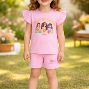 Kız Bebek Friends Forever Yazılı Prenses Baskılı Pembe Kısa Kollu Takım