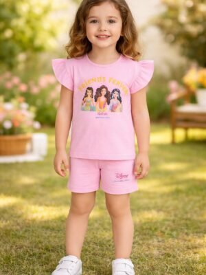 Kız Bebek Friends Forever Yazılı Prenses Baskılı Pembe Renk Kısa Kollu Takım, Bebek Giyim, Rahat ve Sevimli