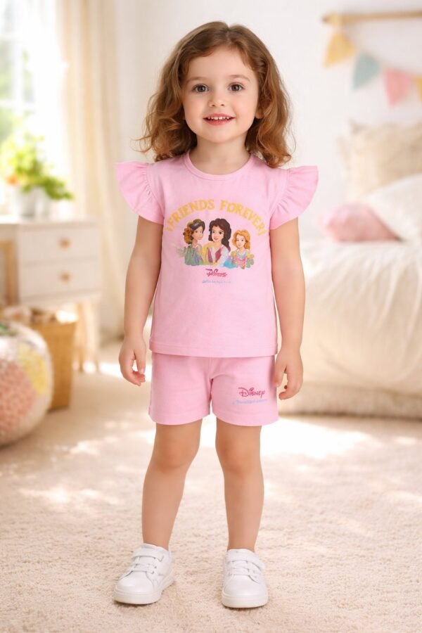 Kız Bebek Friends Forever Yazılı Prenses Baskılı Pembe Renk Kısa Kollu Takım, Bebek Giyim, Rahat ve Sevimli - Gorsel 2