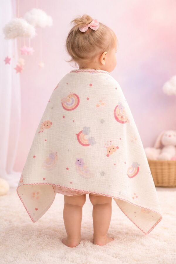 Kız Bebek Gök Kuşağı Desenli Pikeli Müslin Battaniye, Desenli ve Hafif Bebek Battaniyesi - Gorsel 4