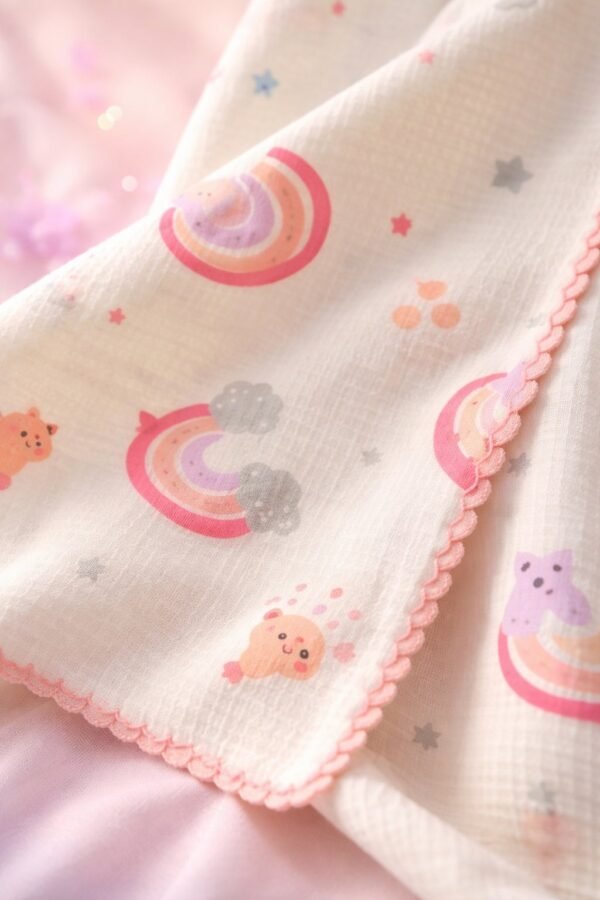 Kız Bebek Gök Kuşağı Desenli Pikeli Müslin Battaniye, Desenli ve Hafif Bebek Battaniyesi - Gorsel 3