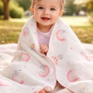 Kız Bebek Gök Kuşağı Desenli Müslin Battaniye