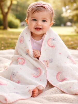 Kız Bebek Gök Kuşağı Desenli Pikeli Müslin Battaniye, Desenli ve Hafif Bebek Battaniyesi