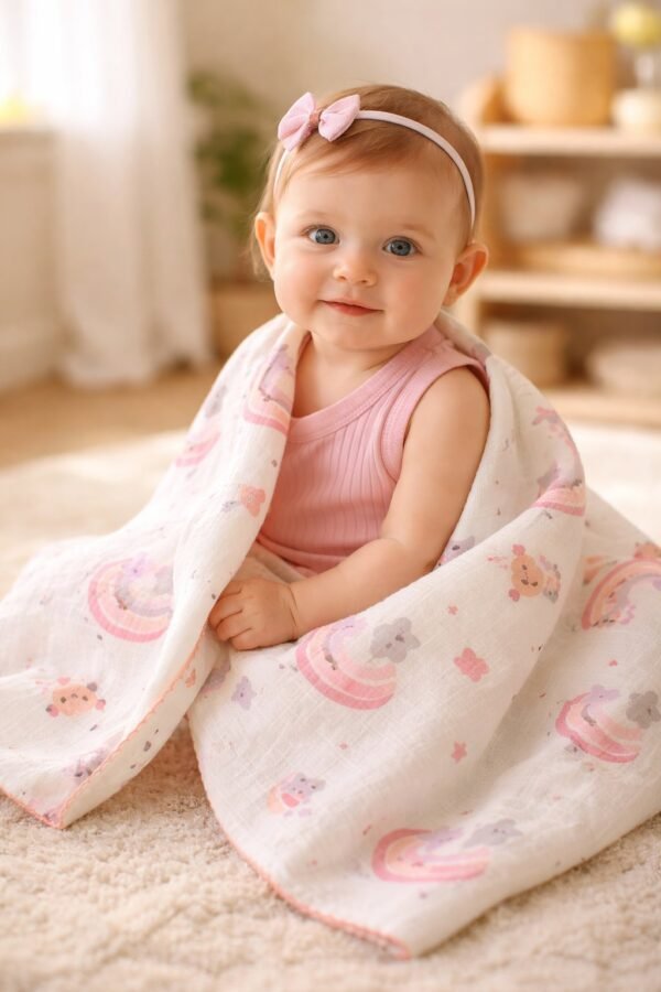 Kız Bebek Gök Kuşağı Desenli Pikeli Müslin Battaniye, Desenli ve Hafif Bebek Battaniyesi - Gorsel 2