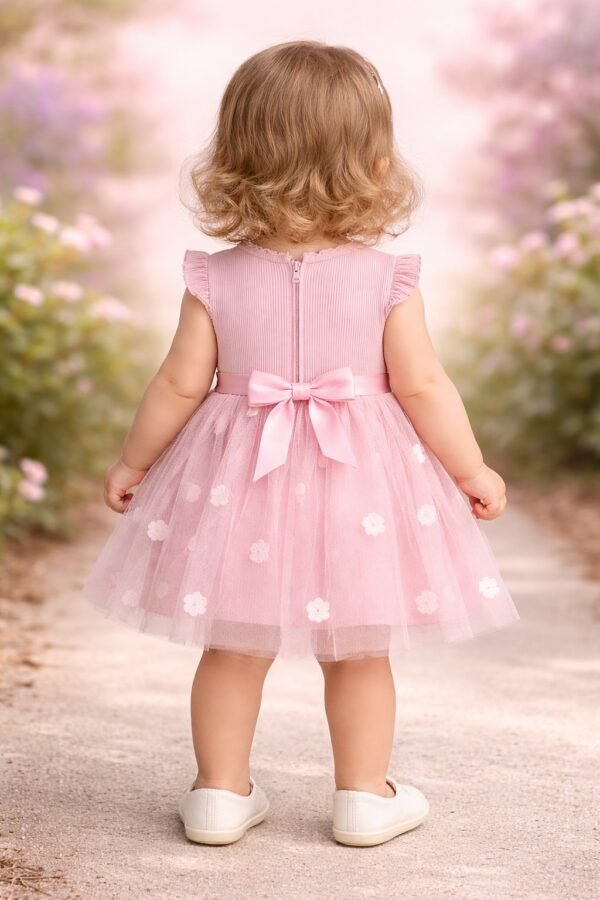 Kız Bebek Gül İşlemeli Pembe Tüllü Elbise - Kız Çocuk Giyim, Yazlık ve Çiçek Desenli - Gorsel 4