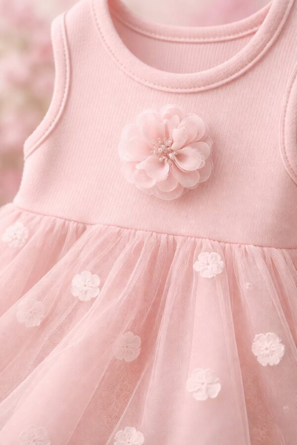 Kız Bebek Gül İşlemeli Pembe Tüllü Elbise - Kız Çocuk Giyim, Yazlık ve Çiçek Desenli - Gorsel 3