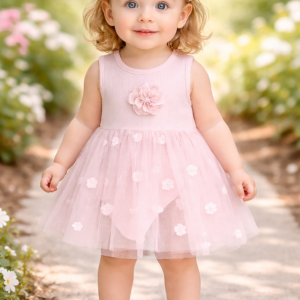 Kız Bebek Gül İşlemeli Pembe Renk Tüllü Elbise, Kız Çocuk Giyim, Rahat ve Şık