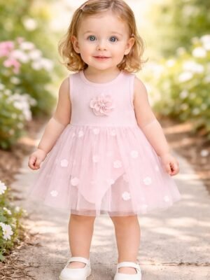 Kız Bebek Gül İşlemeli Pembe Tüllü Elbise - Kız Çocuk Giyim, Yazlık ve Çiçek Desenli