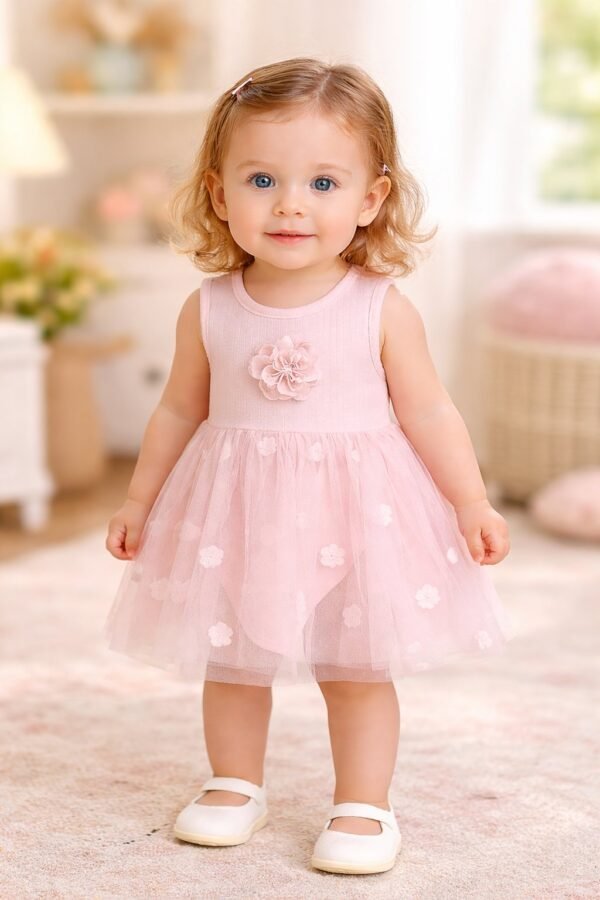 Kız Bebek Gül İşlemeli Pembe Tüllü Elbise - Kız Çocuk Giyim, Yazlık ve Çiçek Desenli - Gorsel 2