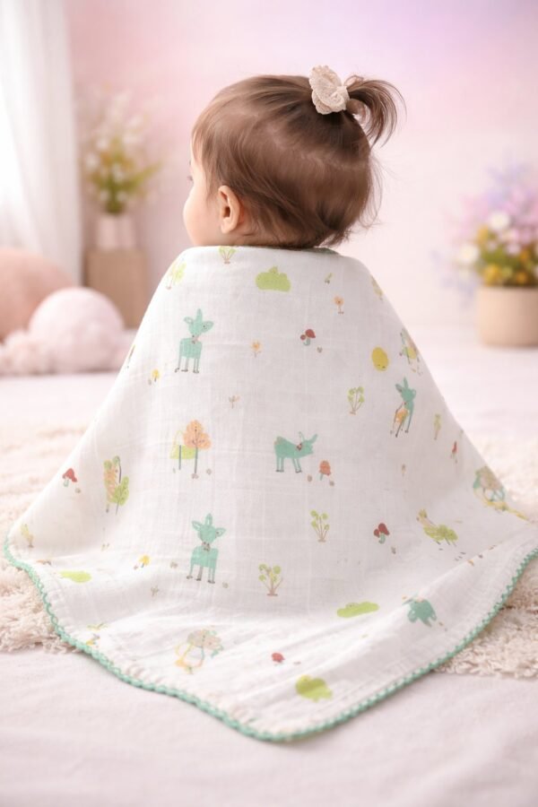 Kız Bebek Hayvan Figürlü Müslin Battaniye Krem Renkli Yumuşak ve Hafif - Gorsel 4