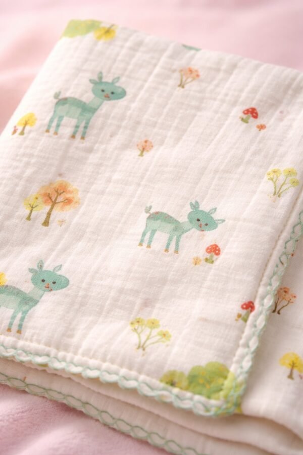 Kız Bebek Hayvan Figürlü Müslin Battaniye Krem Renkli Yumuşak ve Hafif - Gorsel 3