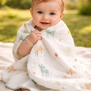Kız Bebek Hayvan Figürlü Müslin Battaniye Krem Renkli Yumuşak ve Hafif