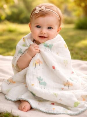 Kız Bebek Hayvan Figürlü Müslin Battaniye Krem Renkli Yumuşak ve Hafif