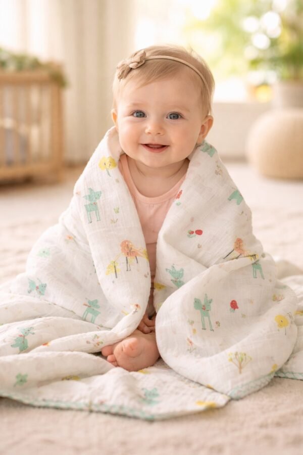 Kız Bebek Hayvan Figürlü Müslin Battaniye Krem Renkli Yumuşak ve Hafif - Gorsel 2