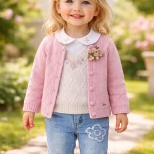 Kız Bebek Kot Takımı Hırka ve Gömlekli Pembe 12-24 Ay Çiçek İşlemeli