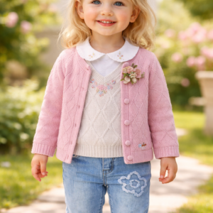 Kız Bebek Hırkalı V Yaka Süveterli Uzun Kol Gömlekli Kot Pantolon Takımı, Bebek Giyim, Pembe renk, Çiçek İşlemeli