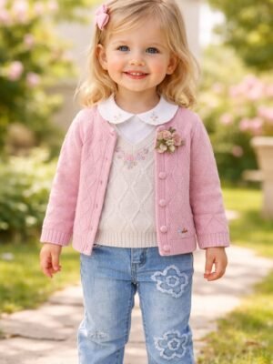 Kız Bebek Kot Takımı Hırka ve Gömlekli Pembe 12-24 Ay Çiçek İşlemeli